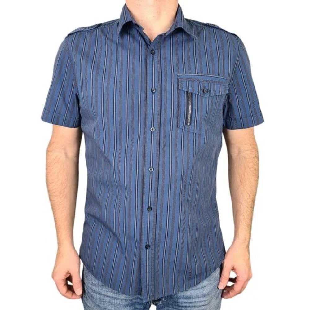 RW&CO Men's Navy Blue Striped Short Sleeve Button Down Shirt Medium